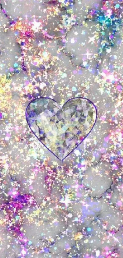 Sparkly heart on vibrant colorful marble background wallpaper.