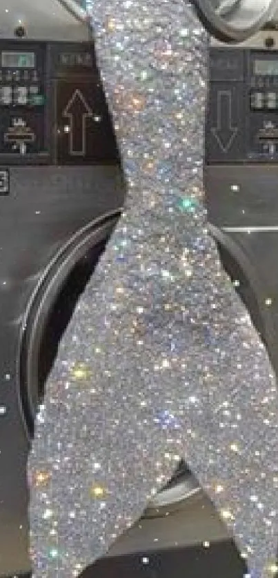 A sparkly mermaid tail hangs from a laundry machine, adding magical flair.