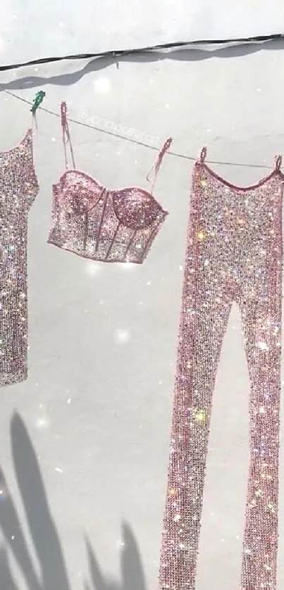 Pink sequin clothes shining on a clothesline in sunlight.