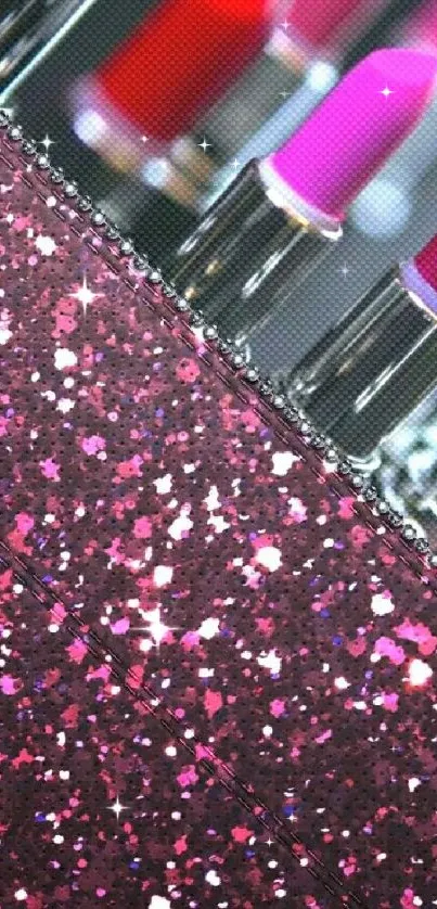 Sparkly pink glitter with vibrant lipsticks wallpaper.