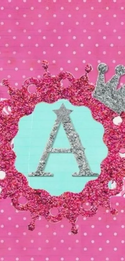 Sparkly pink monogram wallpaper with a crown and polka dots.