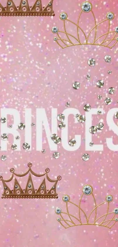 Pink glittery wallpaper with crowns and the word 'Princess'.