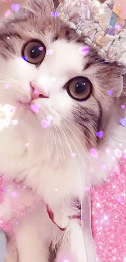 Cute cat with crown and pink hearts wallpaper.