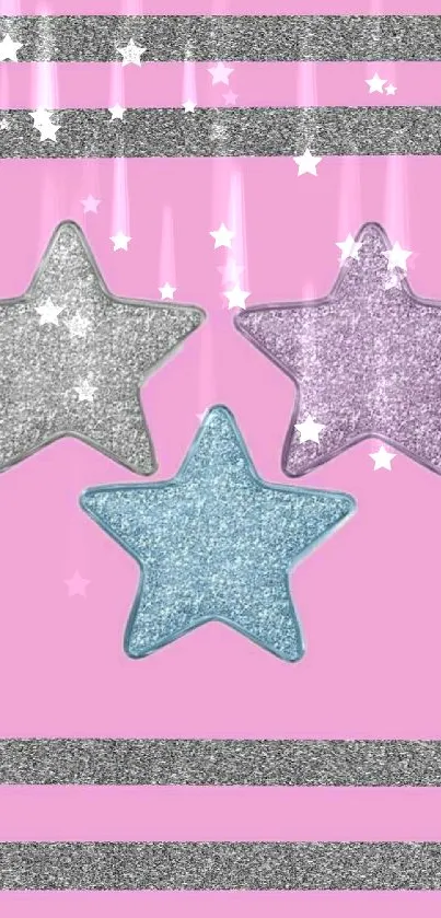 Pink wallpaper with three glittery stars in silver, purple and blue.