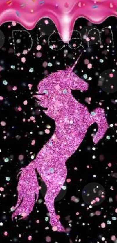 Pink sparkly unicorn wallpaper with whimsical and dreamy elements on a black background.