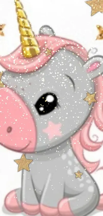 Cartoon unicorn with glittery stars and pink mane on wallpaper