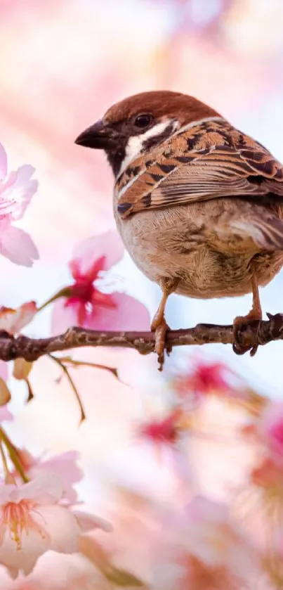 Sparrow perched on cherry blossom branch with pink flowers.