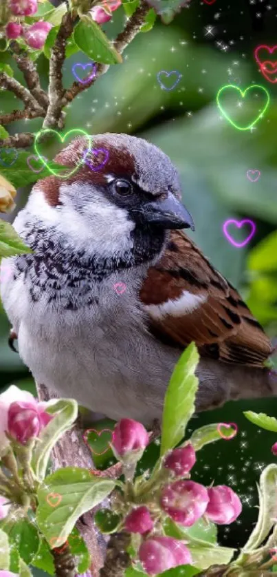 Sparrow resting on pink blossoms with green leaf background.