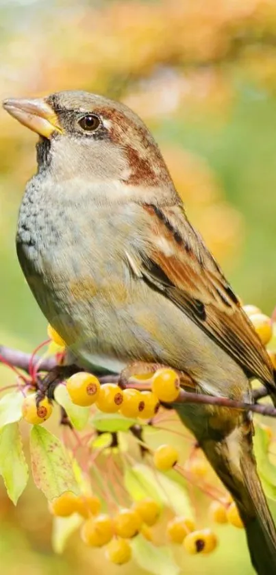 Sparrow perched on a berry branch, vibrant and lush.