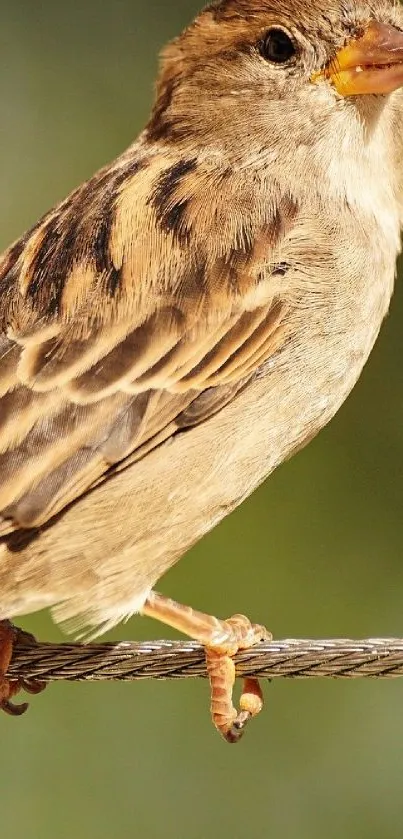 Sparrow with brown feathers perched on a wire in natural light.