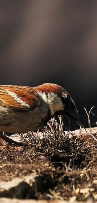 A sparrow perched on rustic ground with earthy tones.