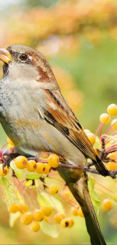 Sparrow perched on branch with yellow berries.