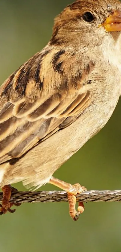 A sparrow perched on a wire against a soft, earthy background.