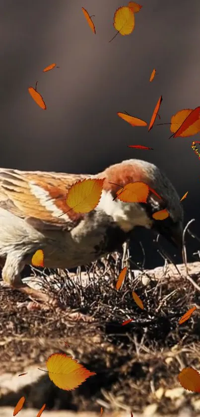 Sparrow on ground surrounded by falling autumn leaves.