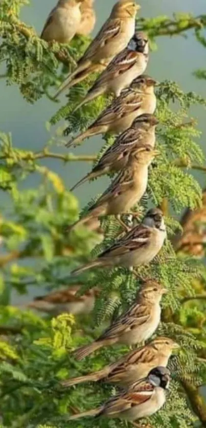 Sparrows lined up on a green tree branch.