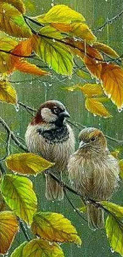 Two sparrows on a branch with wet autumn leaves.