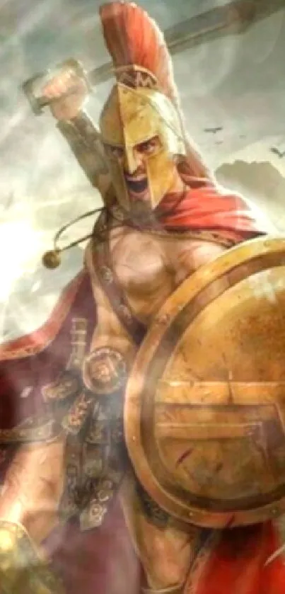 Epic Spartan warrior holding sword and shield in battle art.