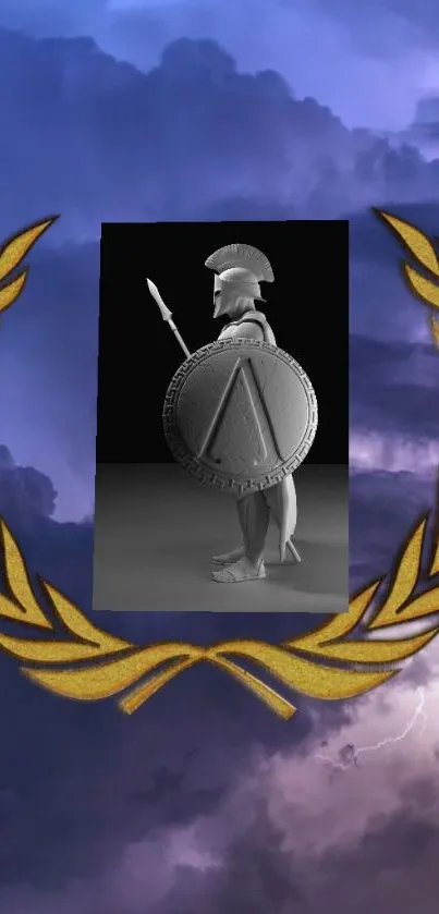 Greek Spartan warrior with wreath on cloudy backdrop.