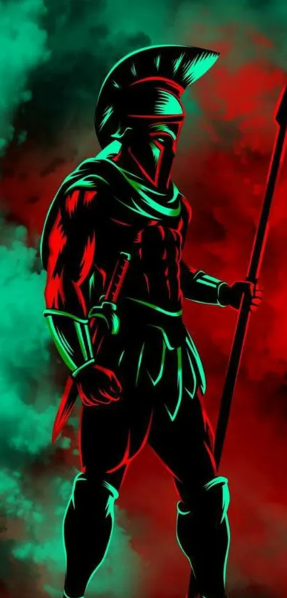 Spartan warrior in vibrant red and teal hues.