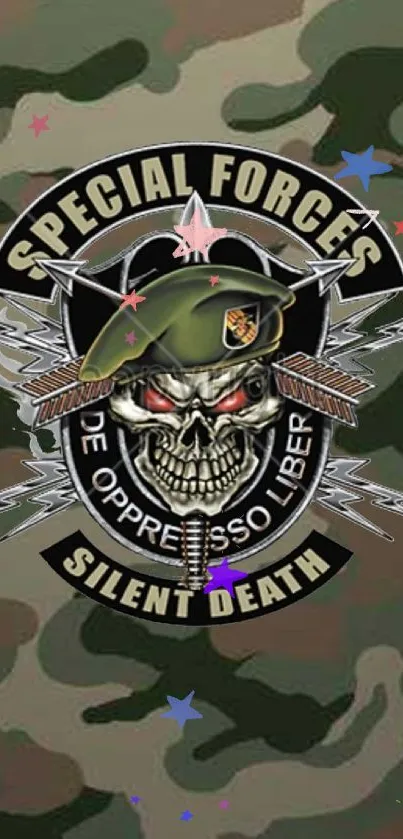 Special Forces emblem on camo wallpaper, featuring skull with beret.