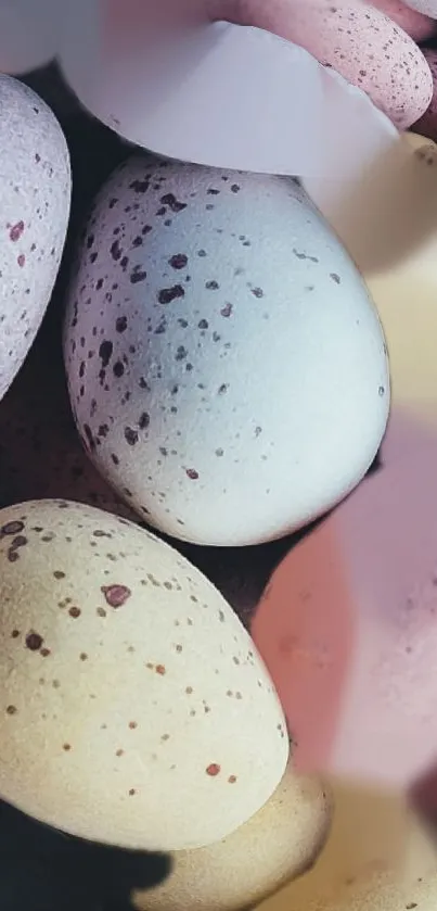 Close-up of speckled pastel Easter eggs for mobile wallpaper.