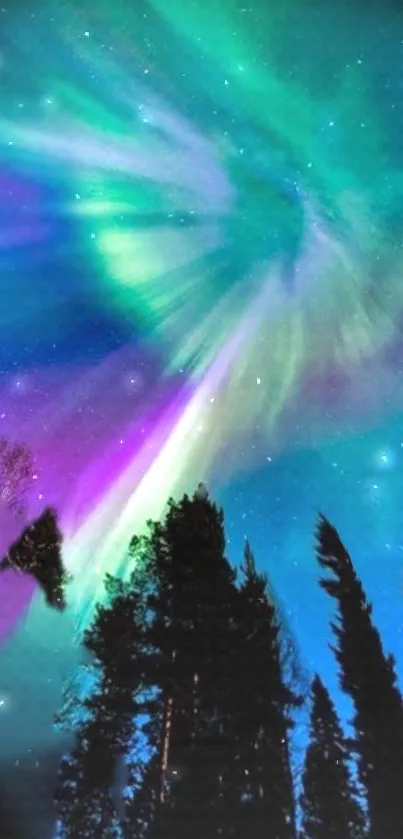 Vibrant Aurora Borealis over a forested landscape with a starry night sky.