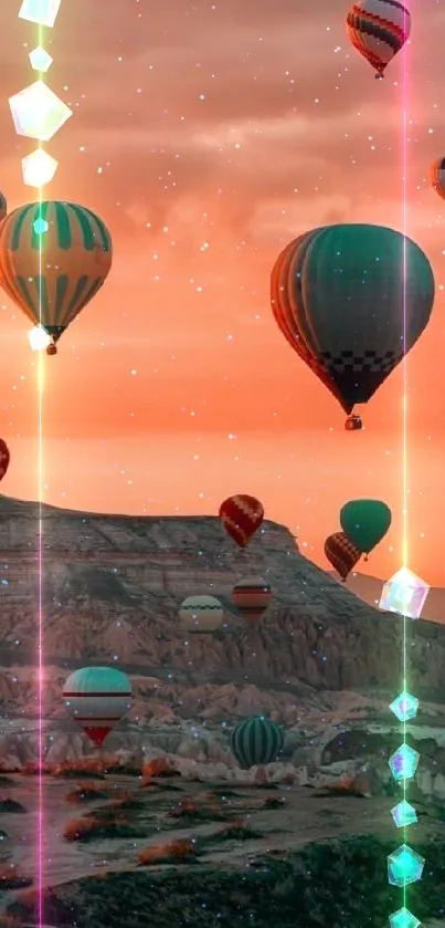 Colorful hot air balloons at sunset over rocky landscape.