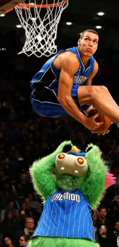 Basketball player dunking over mascot in a vibrant arena.