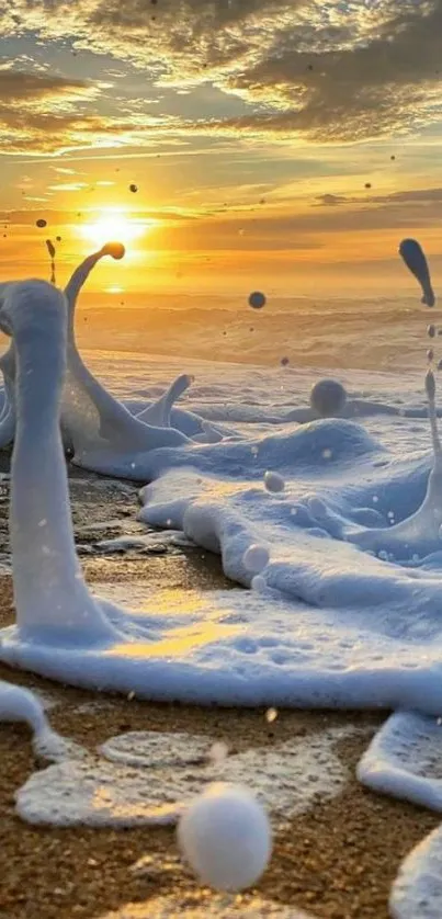 Foamy ocean waves at sunset on a sandy beach with golden sky.