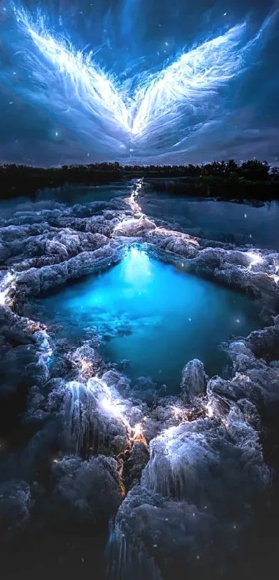 Celestial sky over mystical blue lake with dramatic clouds.