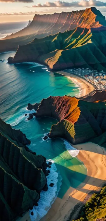 Aerial view of a coastal landscape with green cliffs and blue waters.