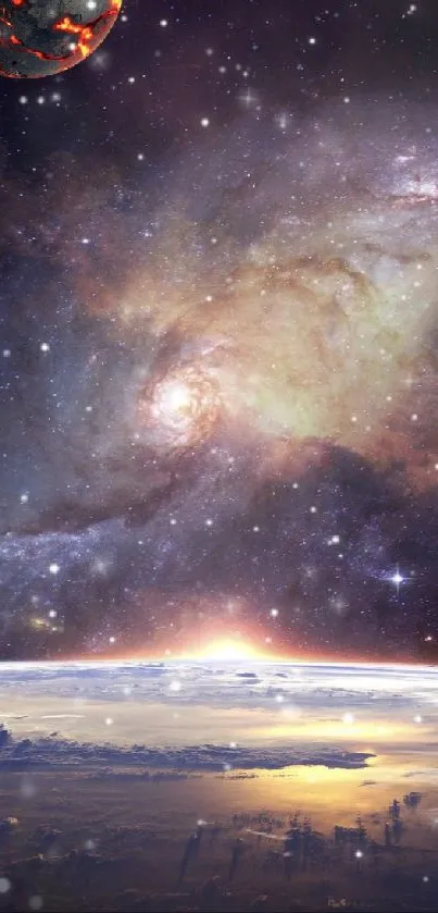 Breathtaking cosmic galaxy view over Earth in mobile wallpaper.