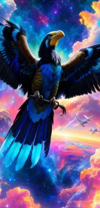 Majestic parrot flying through a colorful cosmic sky wallpaper.