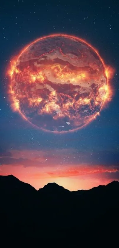 Mobile wallpaper with a fiery planet and starry night sky silhouette.