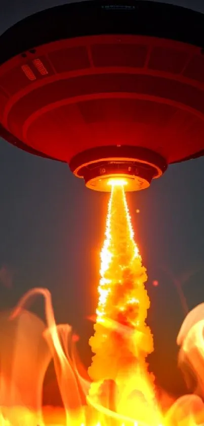 Fiery UFO ascends into the sky, leaving a trail of vibrant orange flames.