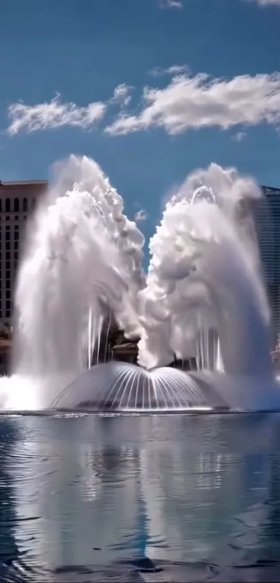 Majestic urban fountain with city skyline backdrop.