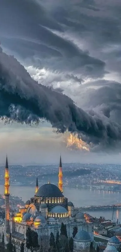 Istanbul skyline with dramatic storm clouds at dusk.