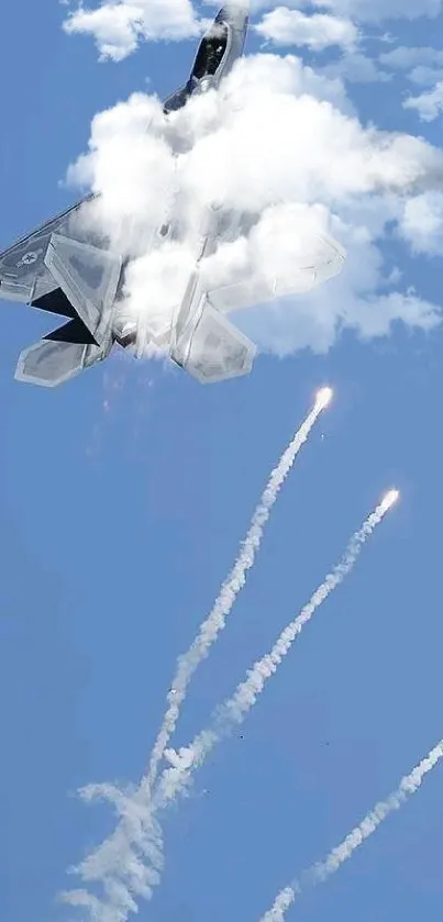 Jet flying upward with flares in blue sky