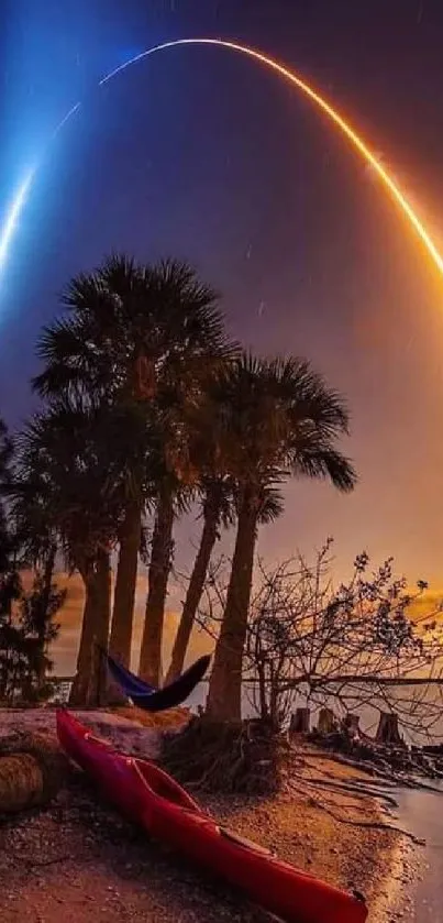 Vivid rocket launch over a beach at night with silhouetted palms and a starry sky.