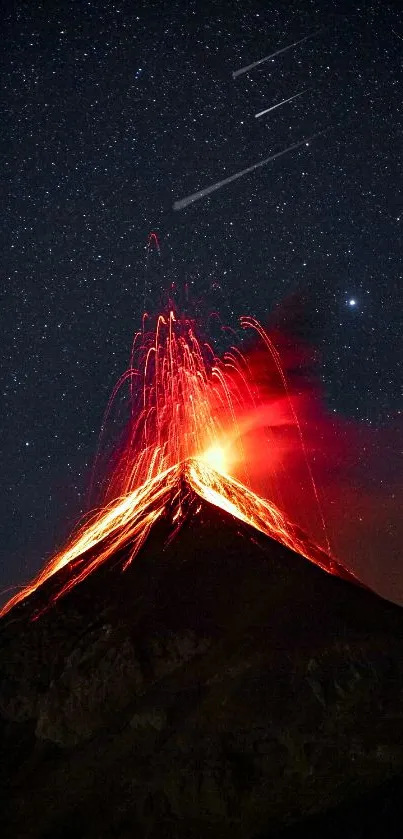 Mobile wallpaper of an erupting volcano under a dark, star-filled sky.