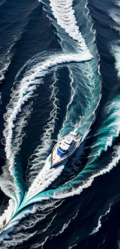 A boat cutting through the ocean, creating swirling white wakes on deep blue water.