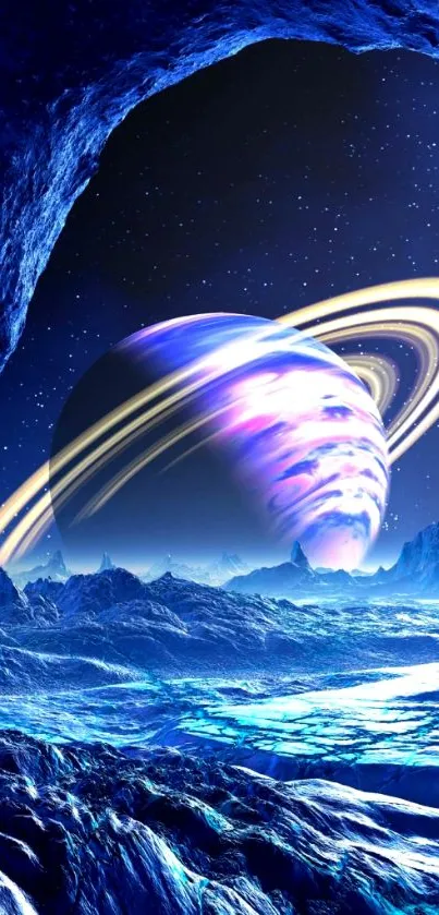 Stunning digital art of Saturn with blue celestial landscape.