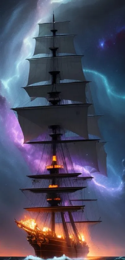 Majestic ship sailing under a colorful cosmic sky at night.