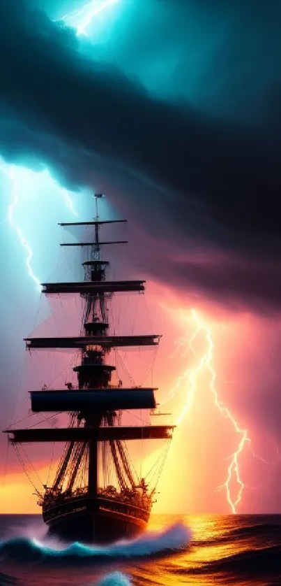 Majestic ship sails through a vivid lightning storm over the ocean.