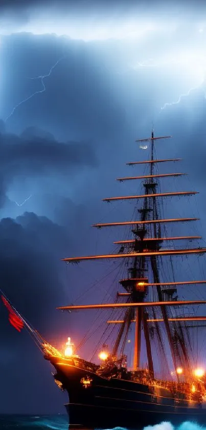 Spectacular ship sailing under lightning in a stormy sea at night.