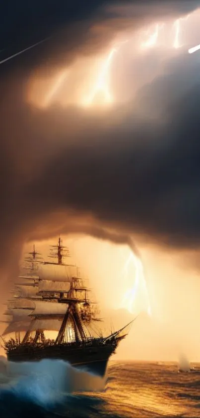 Majestic ship sailing through stormy seas with lightning and dark clouds.