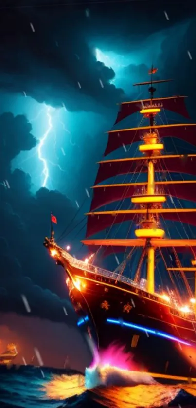 Vibrant ship sailing through stormy seas with dramatic lightning.