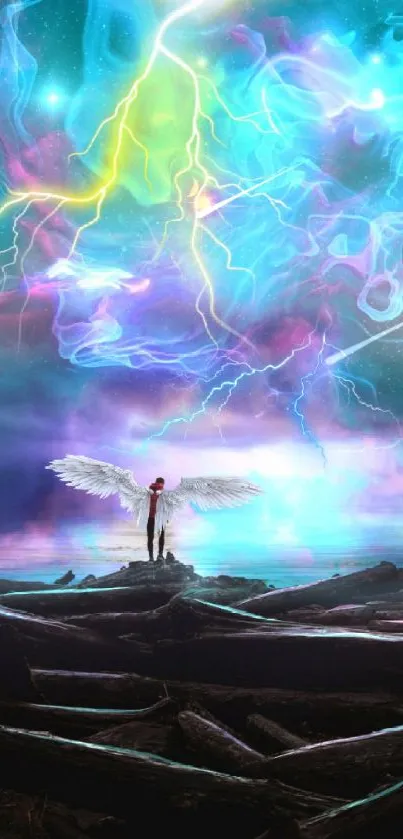 Angelic figure under colorful lightning sky wallpaper.