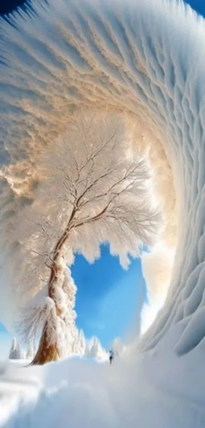 Snowy tree under a vibrant blue sky with an artistic touch.