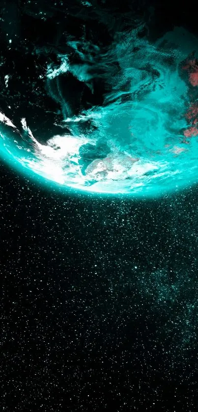 Turquoise and black Earth seen from space with vibrant cosmic details.